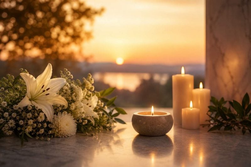 Peaceful memorial candles and white lilies at sunset honoring loved ones in Sebastopol, CA.
