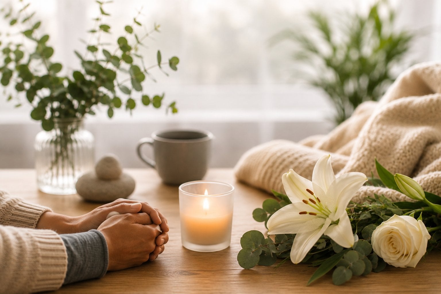 Compassionate grief support setting with joined hands, a memorial candle, white lilies, and comforting décor in Rohnert Park, CA.