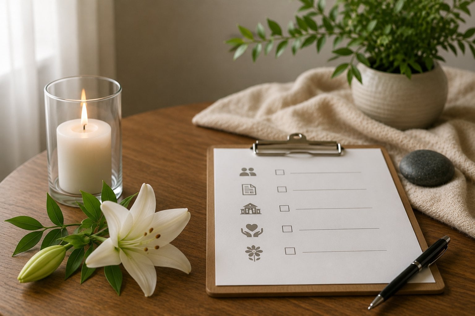 Funeral planning checklist with white lilies, memorial candle, and comforting décor in Sebastopol, CA.