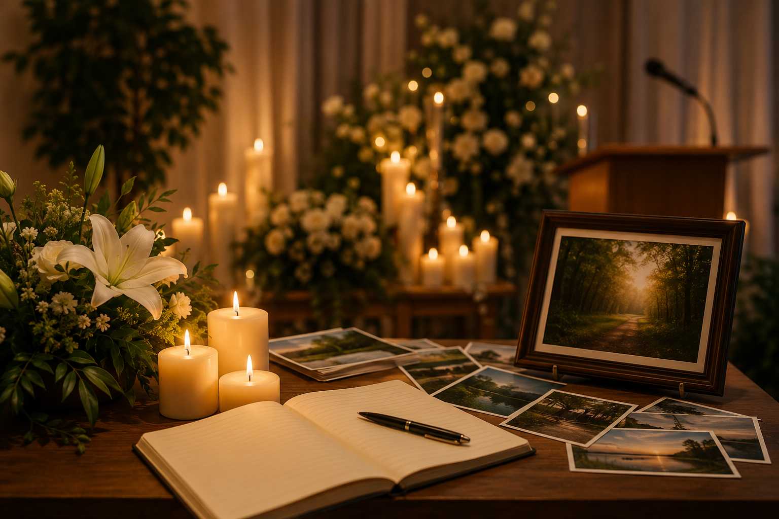 Memorial display with candles, flowers, family photos, and a guest book in Sebastopol, CA.