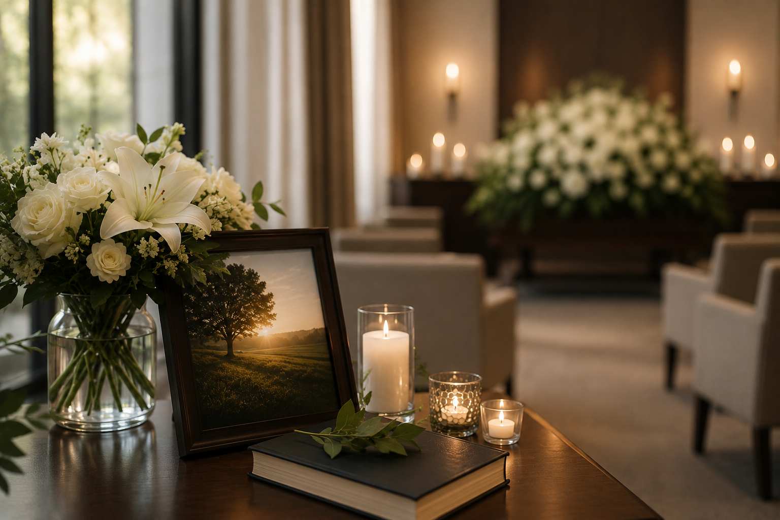 Memorial service with white flowers, candles, and tribute display in a peaceful chapel in Rohnert Park, CA.