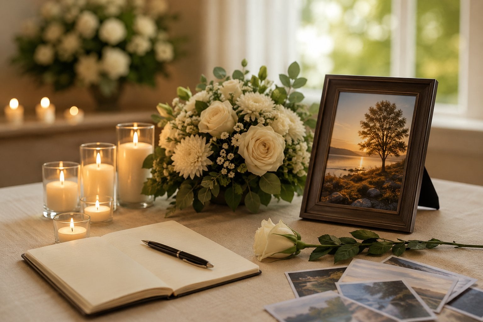 Memorial table with candles, white flowers, photos, and guestbook in Windsor, CA.