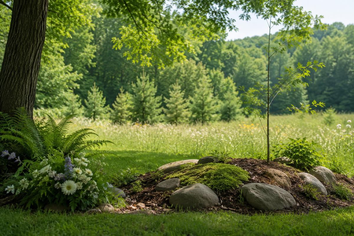 Natural burial site with a young tree, stones, and wildflowers in Santa Rosa, CA.