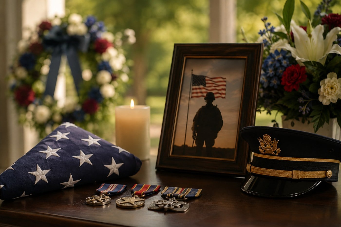 Veteran memorial with folded flag, medals, and military cap in Windsor, CA.