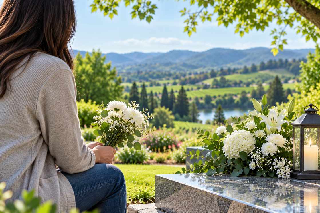 Grieving woman holding flowers at a memorial in Healdsburg, CA.
