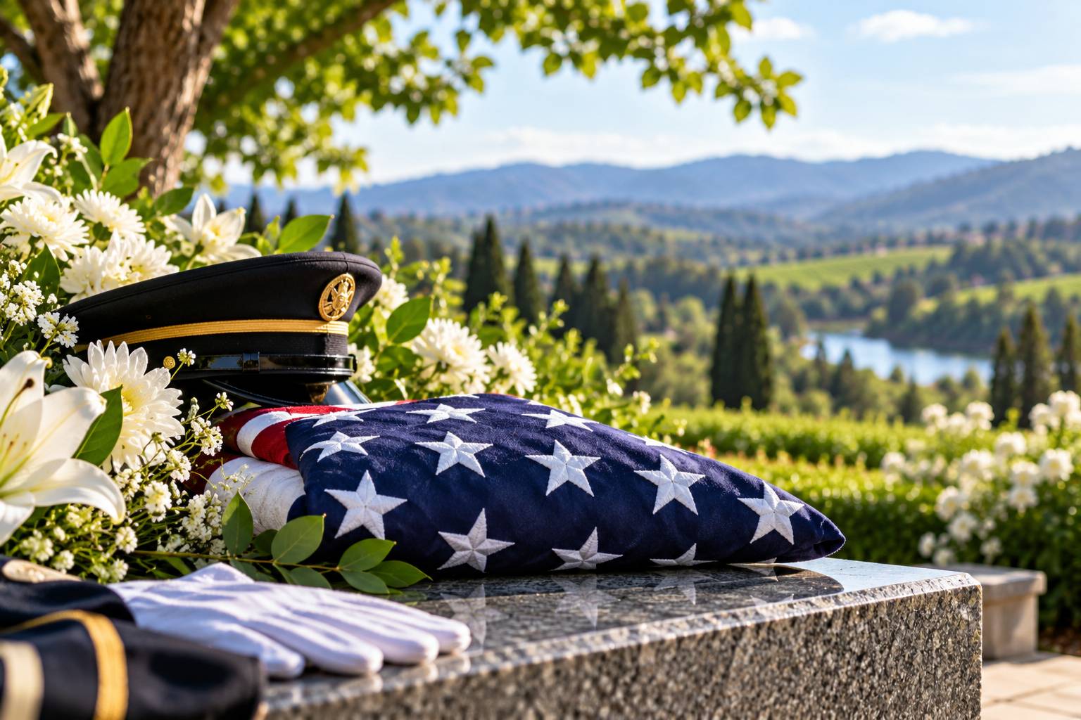 Folded flag and military cap honor a veteran in Rohnert Park, CA.