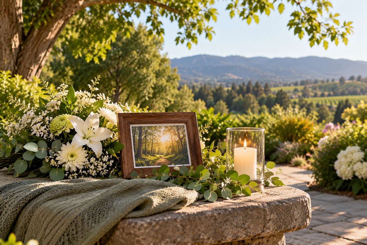 Personal memorial with flowers and candle in a peaceful Rohnert Park, CA garden.
